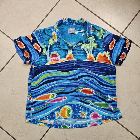 Jams World Island Fish Womens XL Hawaiian Vintage Made In Hawaii Button Down - Picture 1 of 8